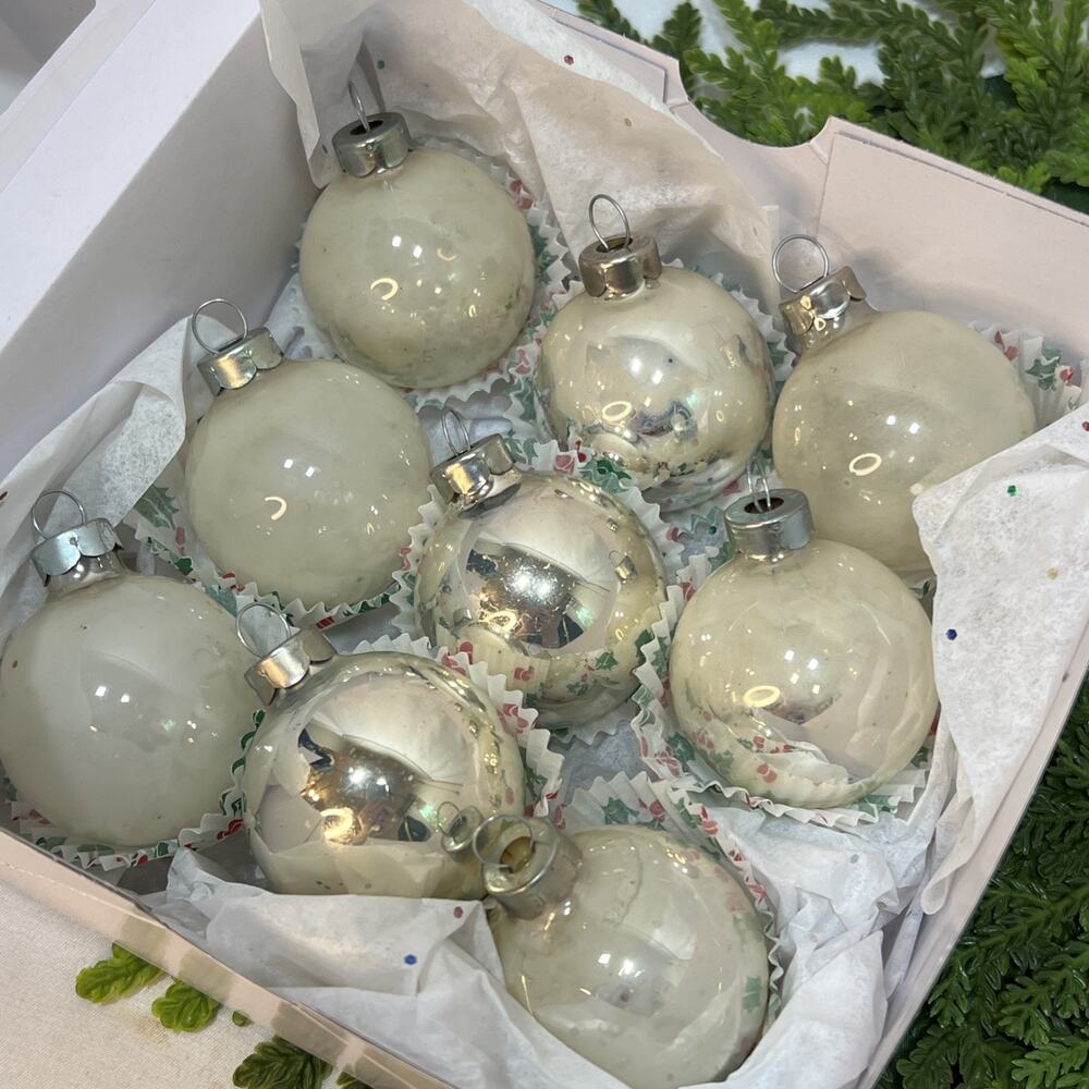 Vintage Rauch Glass Ball Christmas Ornaments Mercury Distressed Silver Ivory 9